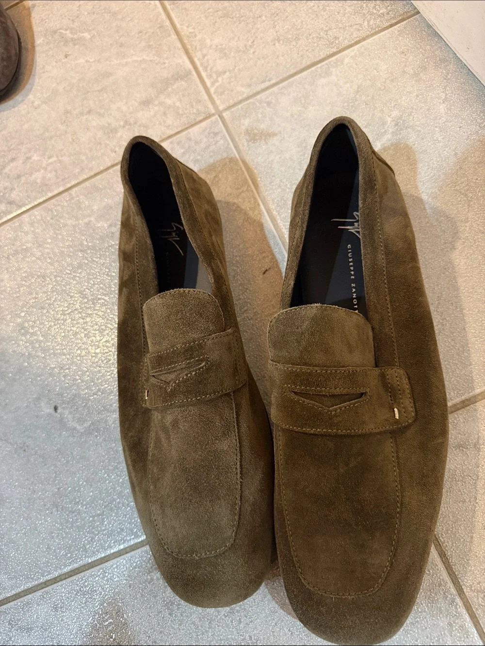 Giuseppe Zanotti Olive Suede Slip-On Loafers with Black Soles